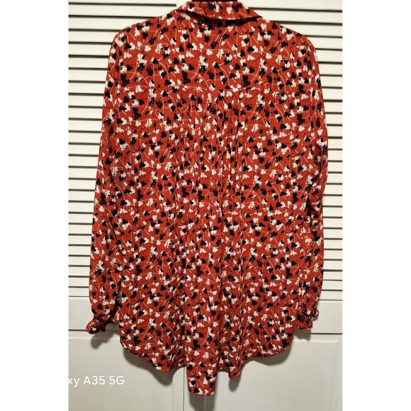 Lane Bryant Red & Black Like New Floral Button-Down Blouse Size 14/16 With Ruffl - Picture 5 of 11